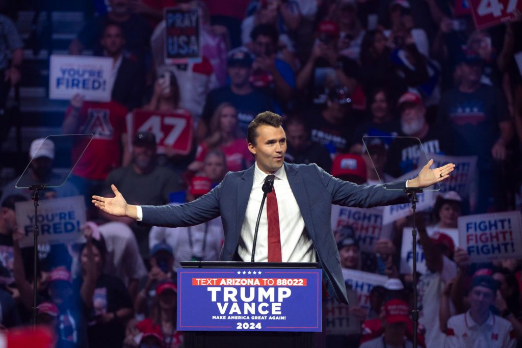 Turning Point USA Founder Charlie Kirk speaks during a campaign rally for now-President Trump in Glendale, Ariz., in August 2024.